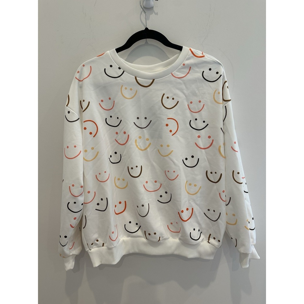 Womens Smiley Face White Pullover Sweatshirt Size S Small